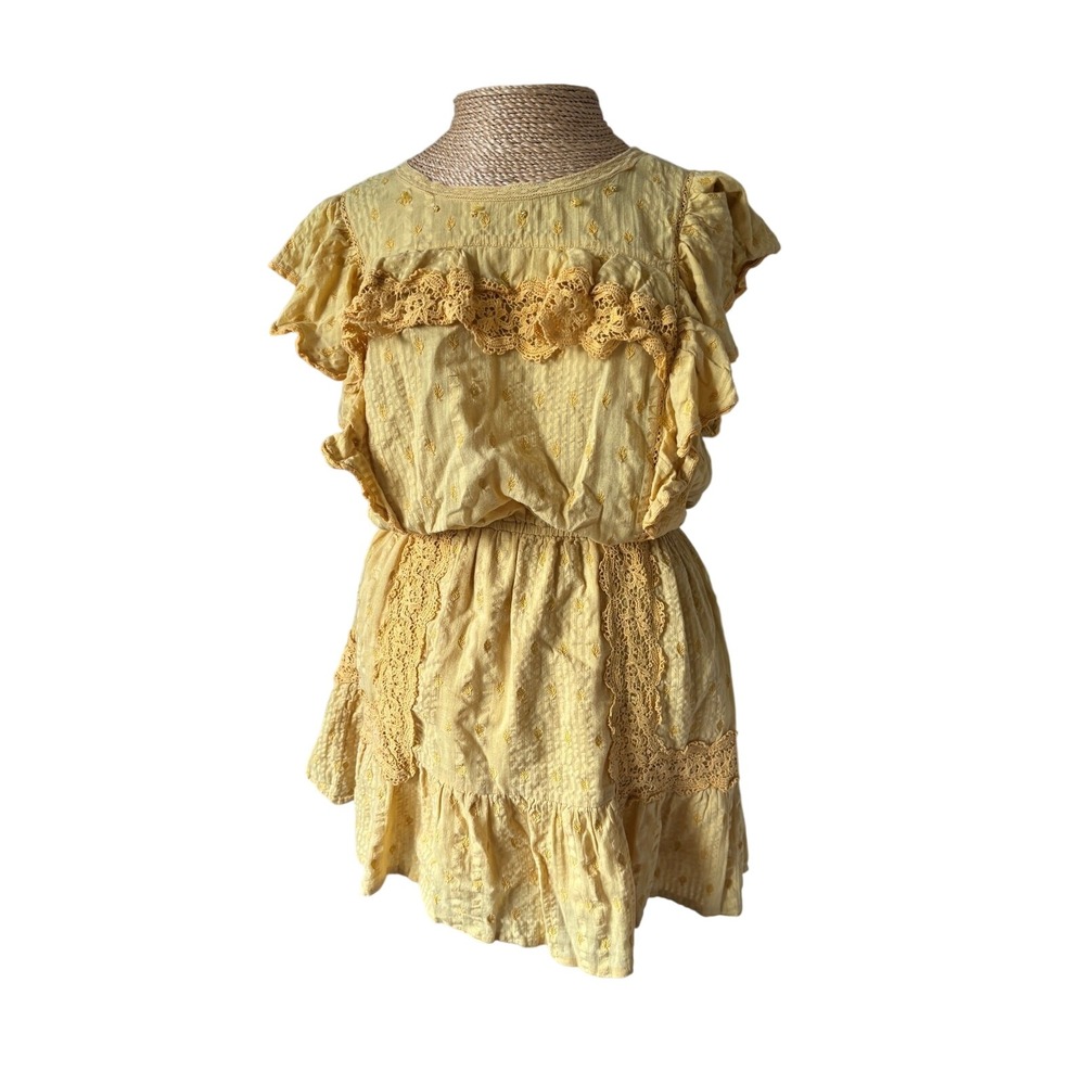 LoveShackFancy Yellow Lace-Trim Mini Dress Cottagecore Flutter Sleeve S boho - Picture 7 of 16